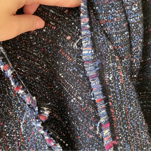 Zara Tweed Fringe Black Tunic Dress Small Bell Sleeves Deep V Neck Stich Colors - Picture 13 of 14